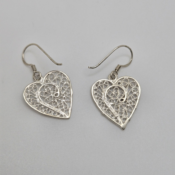 Vintage Sterling Silver Heart Earrings Diamond Cut Open Work Ornate Boho Classic - Picture 3 of 13